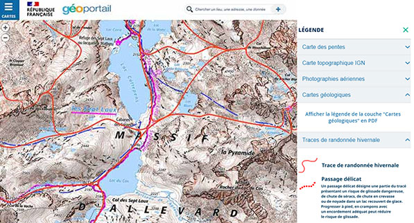 Extrait du Géoportail – Massif d’Allevard (Isère) et légende – © IGN 2023.